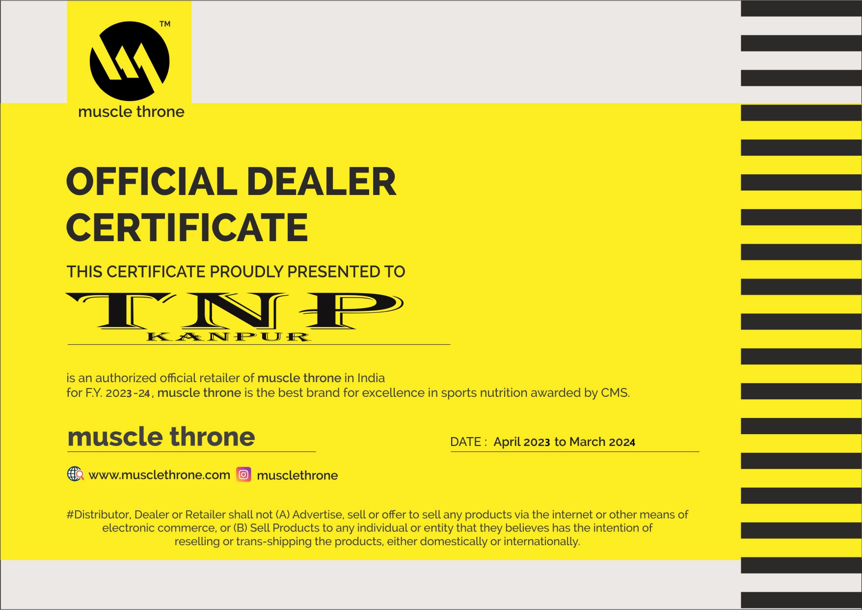 Certificate of Official Distributor from Muscle Throne